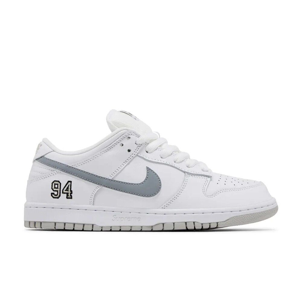 Nike x Supreme SB Dunk Low “94 White Metallic Silver” (HQ8487-100)
